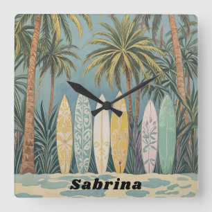 Surf's Up, Pastel Style Personalised Square Wall Clock
