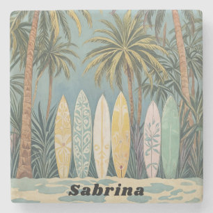 Surf's Up, Pastel Style Personalised Stone Coaster