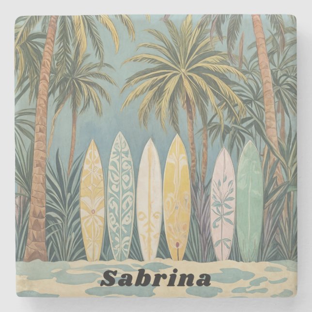 Surf's Up, Pastel Style Personalised Stone Coaster (Front)