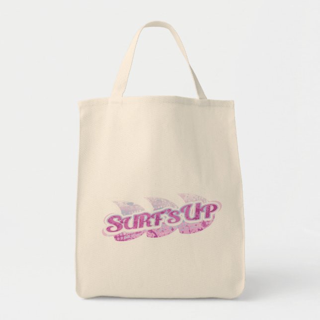 "Surf's Up" pink and purple surfers tote bag (Front)