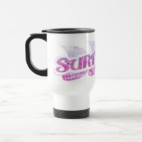 "Surf's Up" pink and purple surfers travel mug