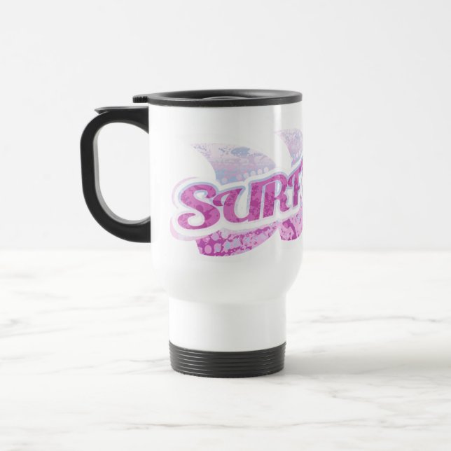 "Surf's Up" pink and purple surfers travel mug (Left)
