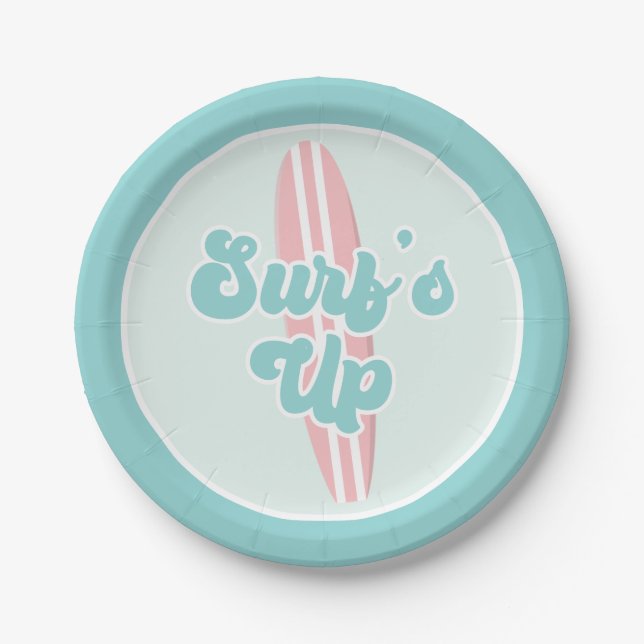 Surfs Up Pink Beach Birthday Paper Plates (Front)