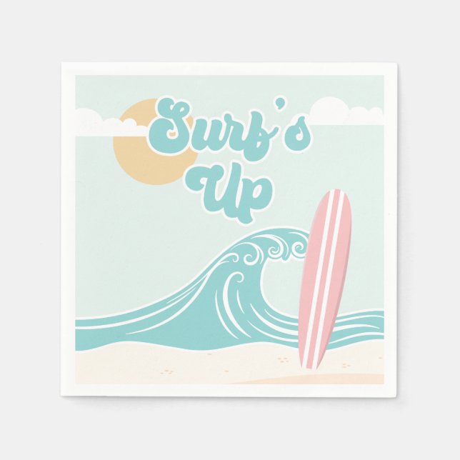 Surfs Up Pink Beach Birthday Paper Plates Napkin (Front)
