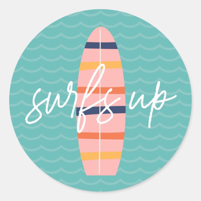 Surfs Up Pink surfboard and waves Birthday Party Classic Round Sticker (Front)