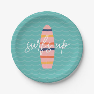 Surfs Up Pink surfboard and waves Birthday Party Paper Plate
