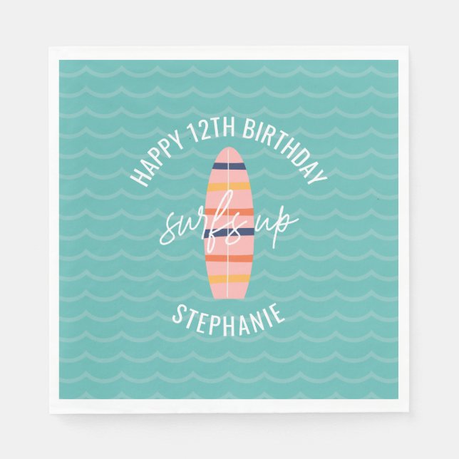 Surfs Up Pink surfboard Birthday Party Napkin (Front)