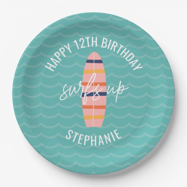 Surfs Up Pink surfboard Birthday Party Paper Plate (Front)