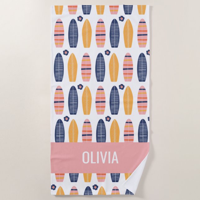 Surfs Up Pink Surfboards and flowers Beach Towel (Front)