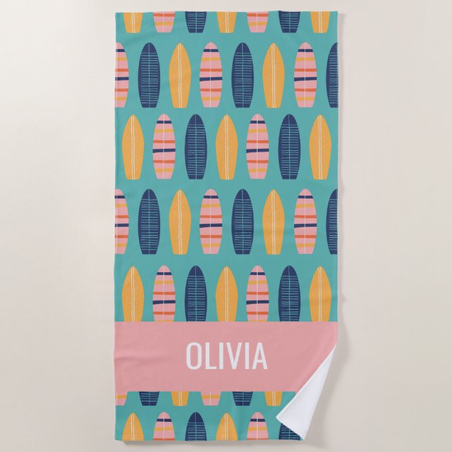 Surfs Up Pink Surfboards and flowers Beach Towel (Front)