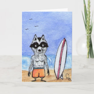 Surf's Up! Racoon with Surf Board Note Card