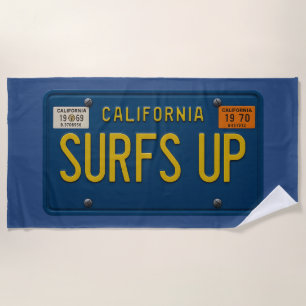 Surfs Up Retro 1969 California License Plate Surf Beach Towel