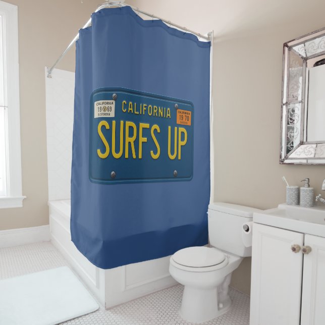 Surfs Up Retro 1969 California License Plate Surf Shower Curtain (In Situ)