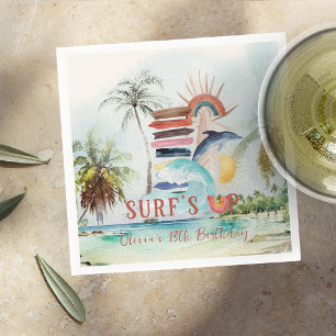 Surf's Up   Retro Summer Surfing Birthday Napkin