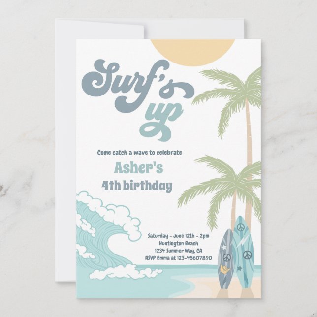 Surfs Up Retro Surf Beach Birthday Party Invitation (Front)