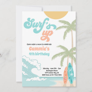 Surfs Up Retro Surfboard Beach Birthday Party Invitation