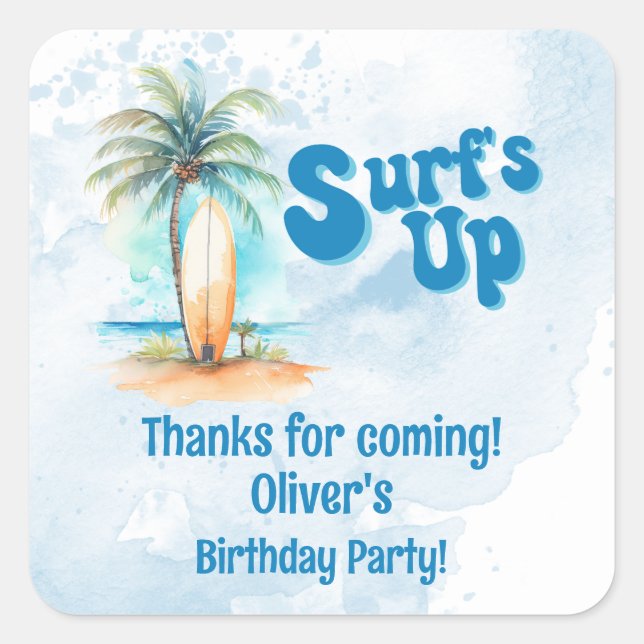 Surf's Up Summer Beach Birthday Party Favour Square Sticker (Front)