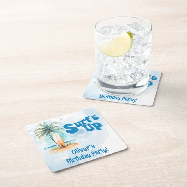 Surf's Up Summer Beach Birthday Party Square Paper Coaster (Insitu)