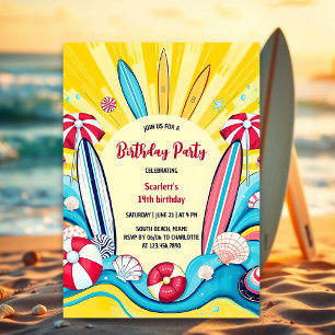 Surfs Up Summer Fun Beach Surfing Birthday Invitation