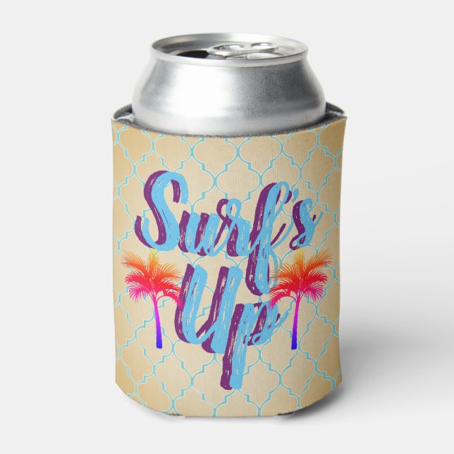 Surf's Up Summer Sunset Palm Tree Can Cooler (Can Front)
