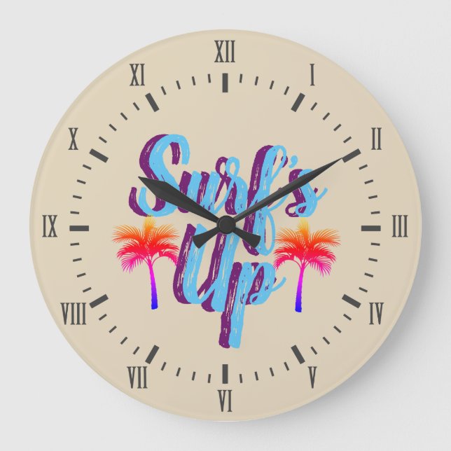 Surf's Up Summer Sunset Palm Trees Large Clock (Front)