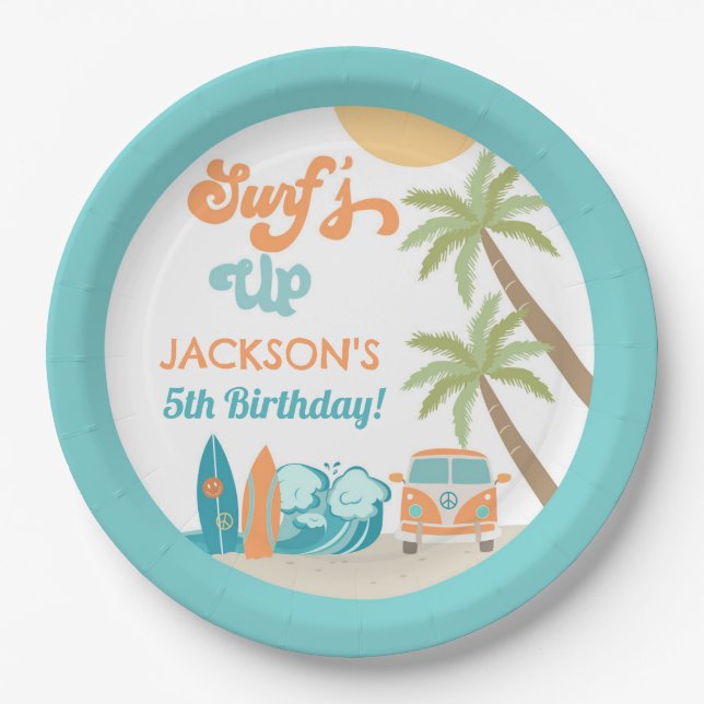 Surf's Up Surf Beach Birthday Party Paper Plates (Front)