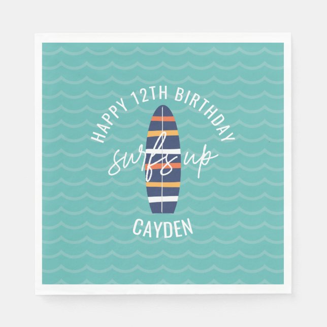 Surfs Up surfboard and waves Birthday Party Napkin (Front)