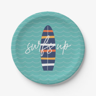 Surfs Up surfboard and waves Birthday Party Paper Plate