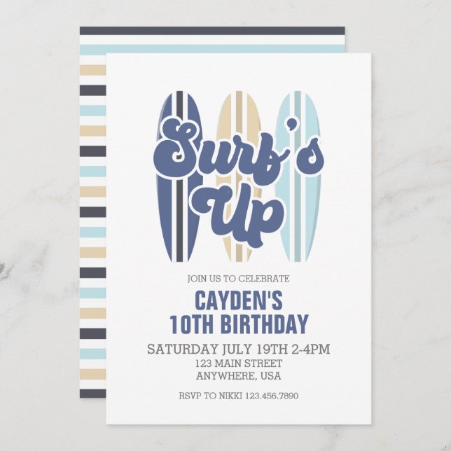 Surf's Up Surfboard Beach Birthday Invitation (Front/Back)