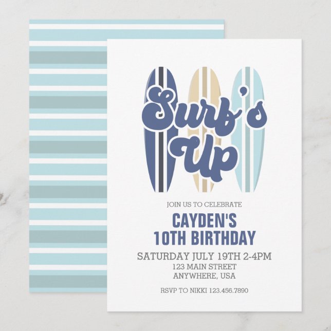 Surf's Up Surfboard Beach Birthday Invitation (Front/Back)