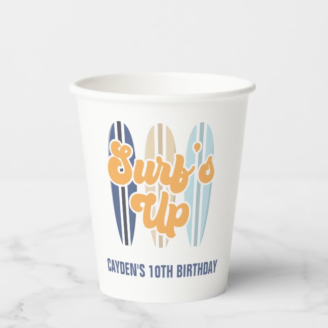 Surf's Up Surfboard Beach Birthday Paper Cups (Front)