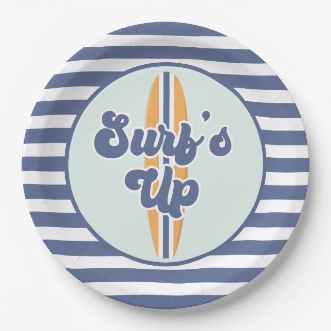 Surf's Up Surfboard Beach Birthday Paper Plate (Front)