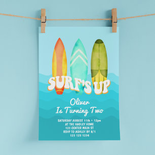 Surfs Up Surfboard Kids 2nd Birthday Invitation