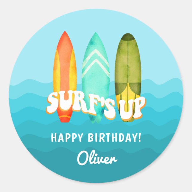 Surfs Up Surfboard Kids Birthday Sticker (Front)