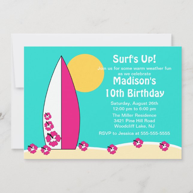 Surf's Up Surfboard Swimming Birthday Invitation (Front)
