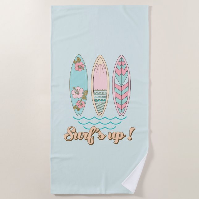 Surf's Up Surfboards Beach Life Tropical Retro Beach Towel (Front)