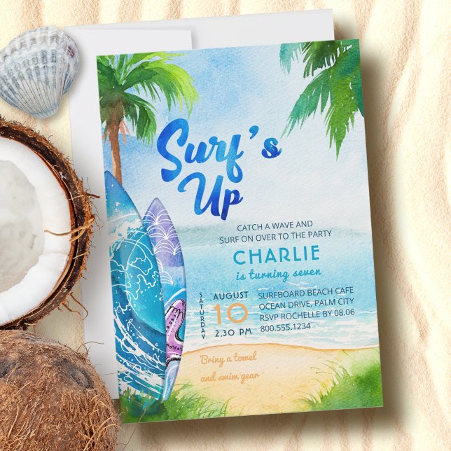 Surf's Up Surfboards on Beach Birthday Any Age Invitation (Creator Uploaded)