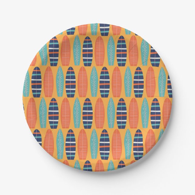 Surfs Up Surfboards Orange Blue Summer Birthday Paper Plate (Front)
