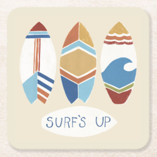 Surf's Up! Surfboards Square Paper Coaster