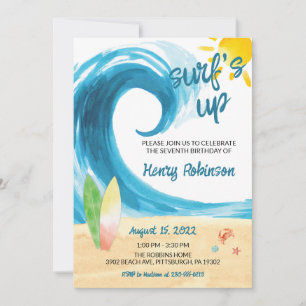Surf's Up Surfer Beach Birthday Invitation