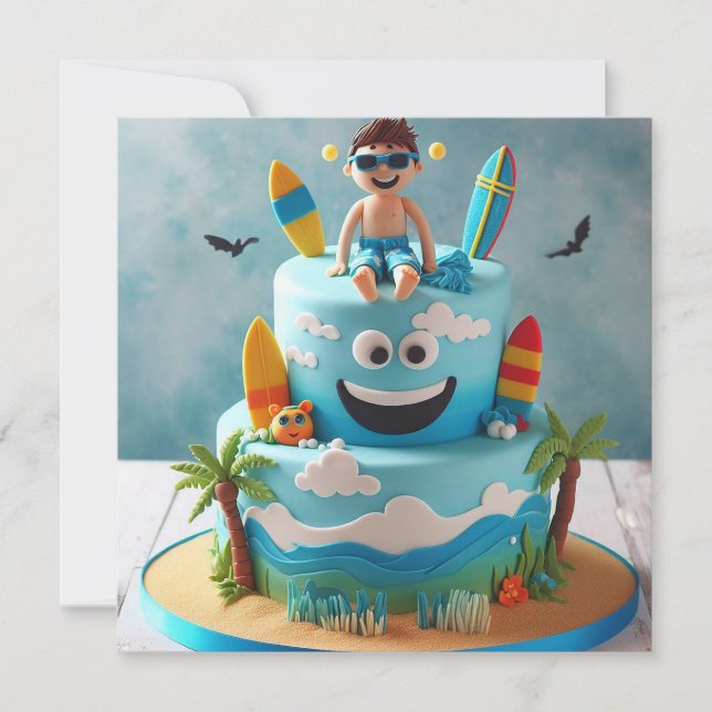 SURFS UP!  SURFER KID ON A CAKE BIRTHDAY INVITATION (Front)
