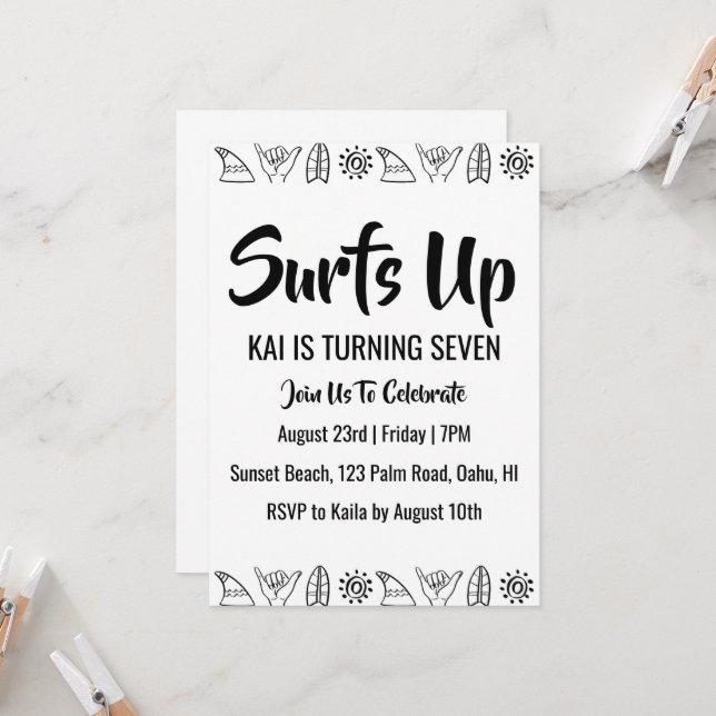 surfs up surfing beach birthday party invitations (Front/Back In Situ)