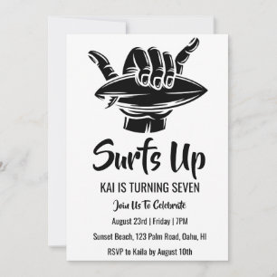 surfs up surfing beach birthday party invitations