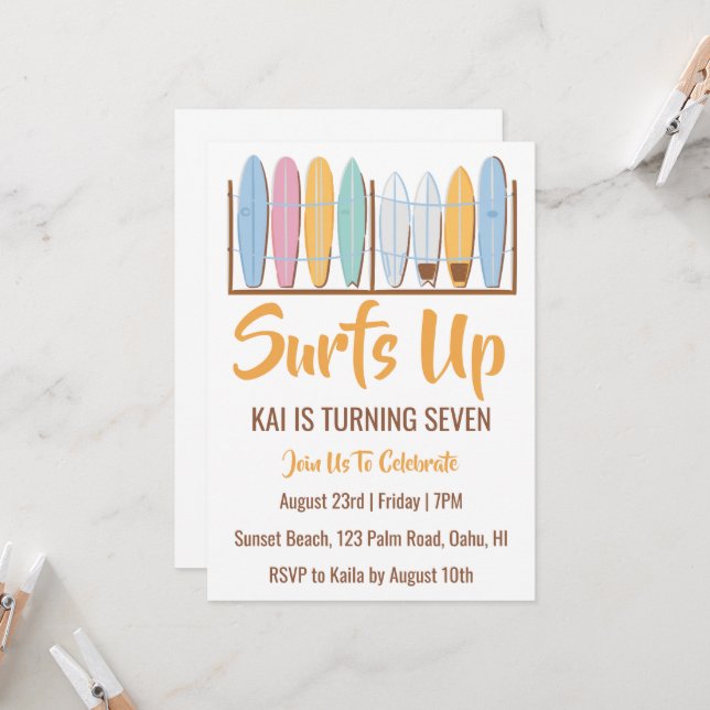 surfs up surfing beach birthday party invitations (Front/Back In Situ)