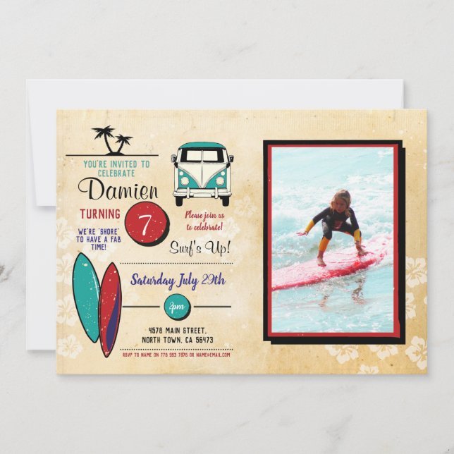 Surfs Up! Surfing Birthday Invite Beach Party Fun (Front)