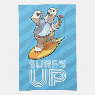 Surf's Up Surfing Polar Bear with Cocktail Cartoon Tea Towel