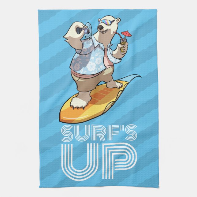 Surf's Up Surfing Polar Bear with Cocktail Cartoon Tea Towel (Vertical)