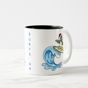 Surfs Up Surfing Seagull with Santa Hat Two-Tone Coffee Mug
