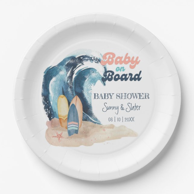Surf's Up | Tropical Beach Couples Baby Shower Paper Plate (Front)