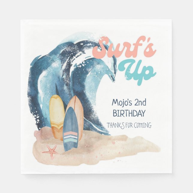 Surf's Up | Tropical Beach Surfing Kids Birthday  Napkin (Front)